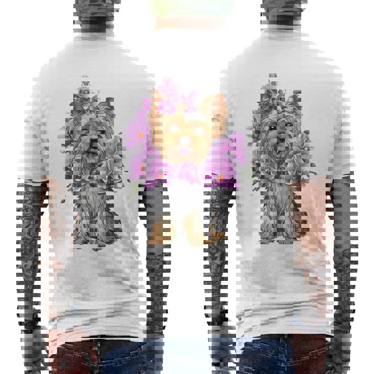 花を持つヨークシャー テリア 長袖tシャツ メンズTシャツ バックプリント