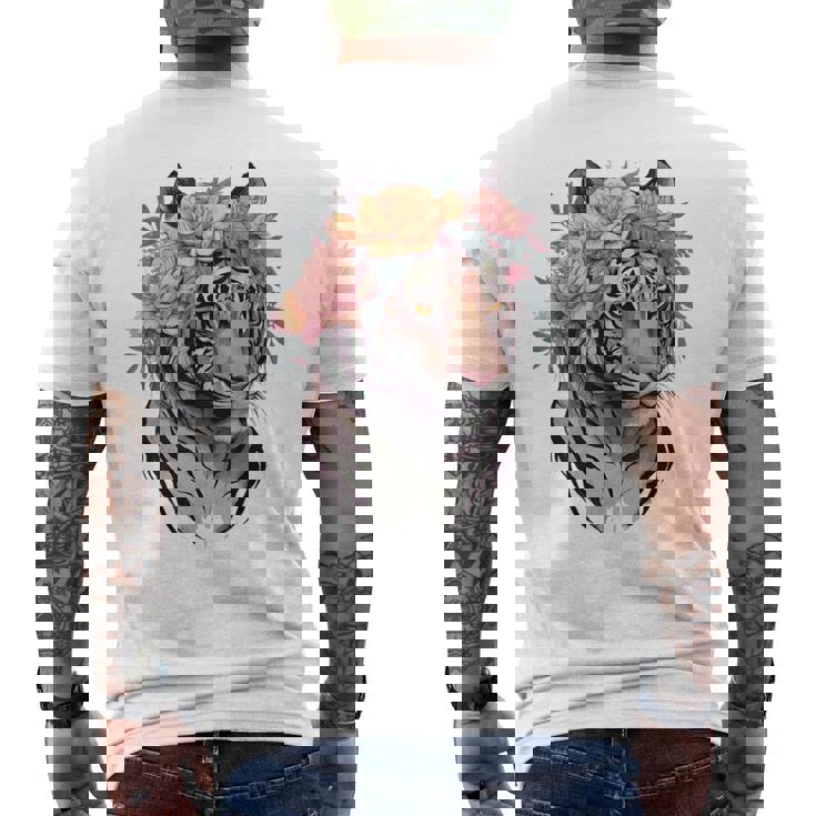 花柄 水彩 虎 花 王冠 虎好き メンズTシャツ バックプリント