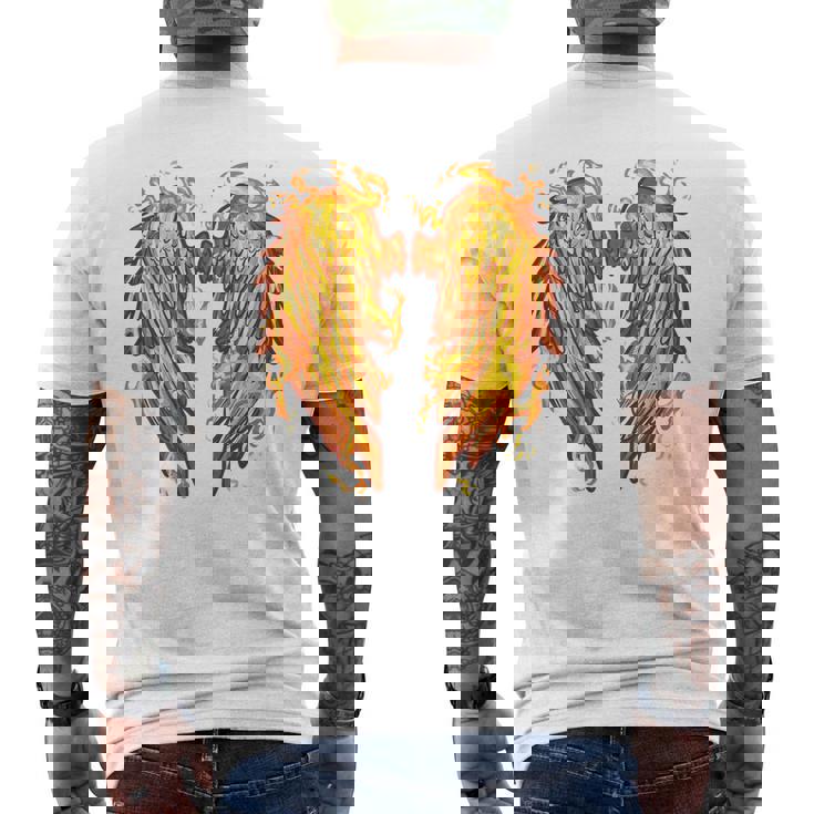 裏面に燃える天使の翼 火の羽 メンズTシャツ バックプリント