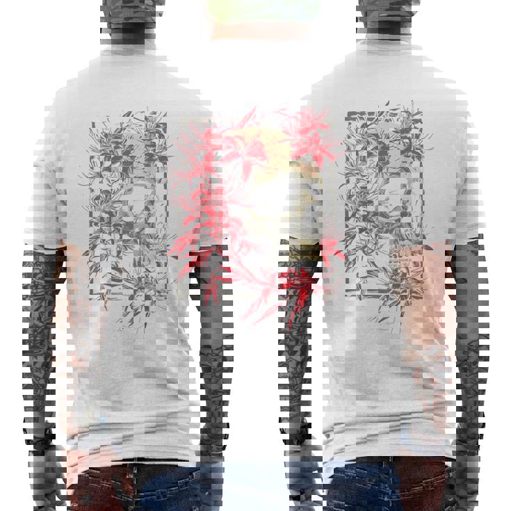 赤いクモのユリの花 日本の頭蓋骨 オタクのバックプリント メンズTシャツ バックプリント