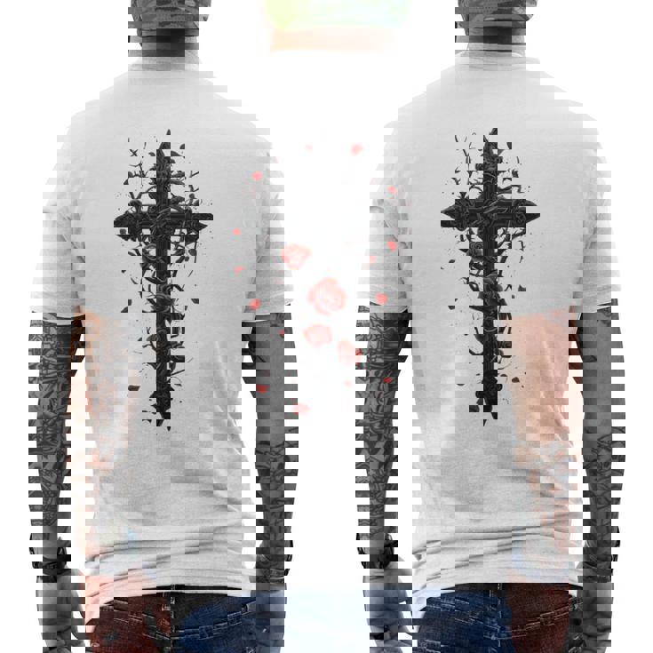 赤いバラのゴシック・クロス 長袖tシャツ メンズTシャツ バックプリント