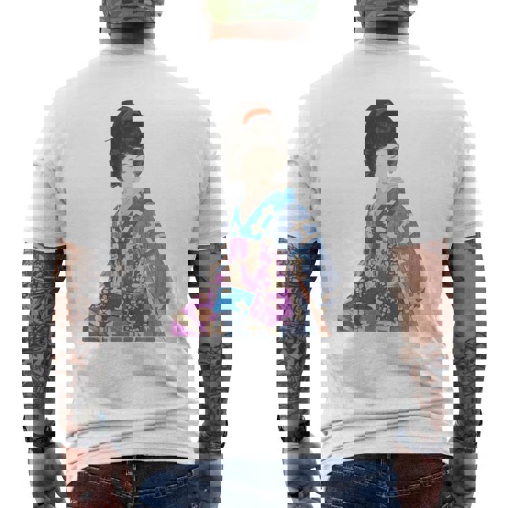 青い着物を着た美しい芸者 日本画 鳥居 言人 帯 美人画 新版画 日本画 長袖tシャツ メンズTシャツ バックプリント