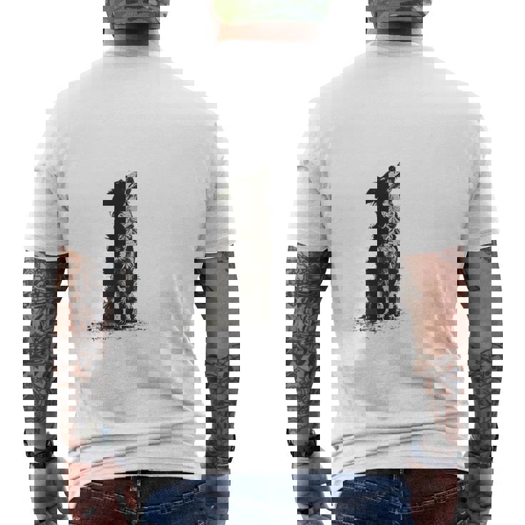 飼い主を見ているボーダーコリー 農場の犬 メンズTシャツ バックプリント