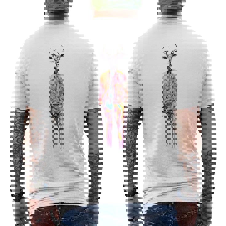 鹿 人間 アート カラフル 動物 絵画 グラフィック 鹿 メンズTシャツ バックプリント