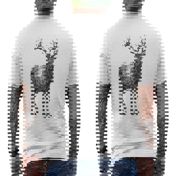 鹿 動物 プリント モチーフ 図面 イラスト ポートレート 鹿 メンズTシャツ バックプリント