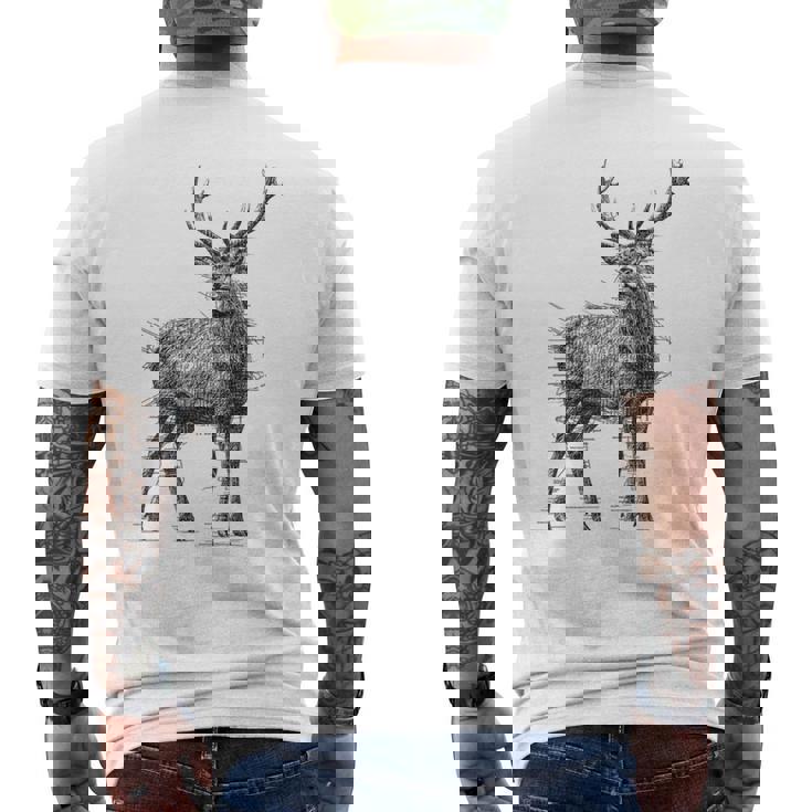 鹿 絵 グラフィック 動物 アート モチーフ 鹿 メンズTシャツ バックプリント