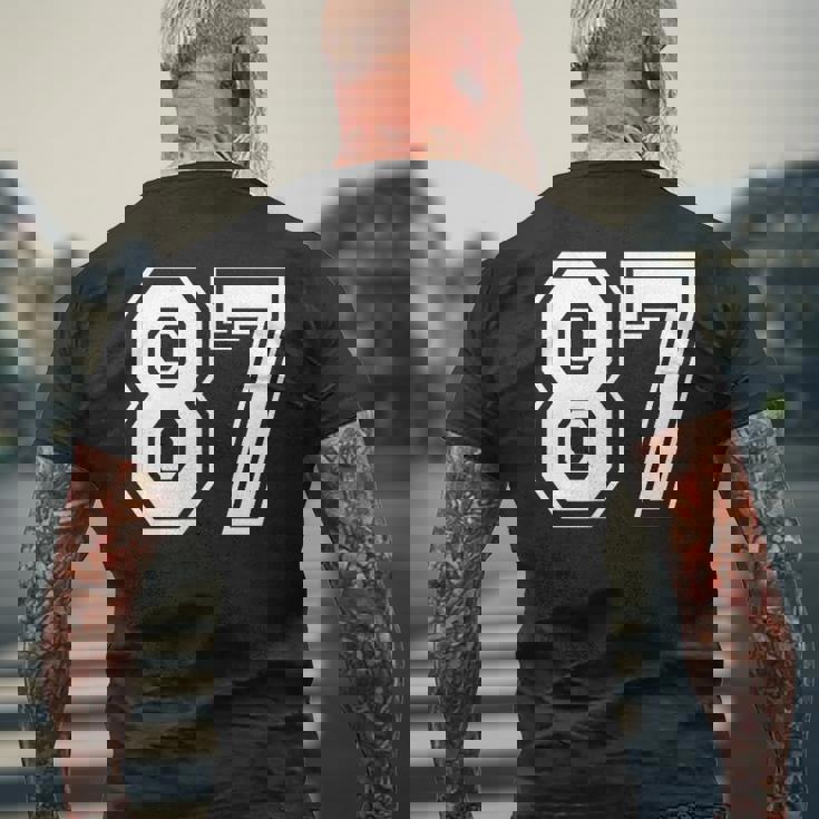 87番の前面と背面にホワイトのプリント。 メンズTシャツ バックプリント 高齢者への贈り物