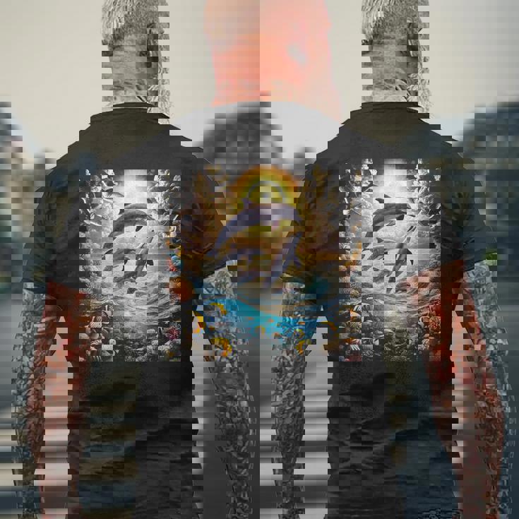 90年代イルカ、アロハ ハワイアン イルカ、カラフルなビーチ メンズTシャツ バックプリント 高齢者への贈り物