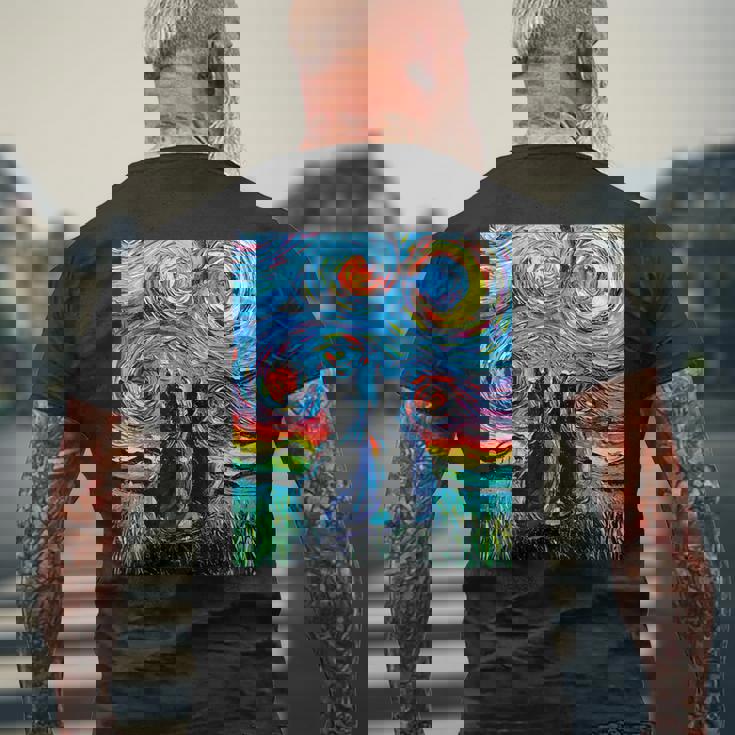 Aja 星月夜に2匹の黒猫 カラフルアート メンズTシャツ バックプリント 高齢者への贈り物