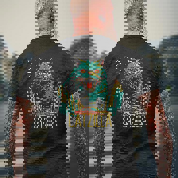 Catzilla ビンテージ 面白い かわいい 猫 アート メンズTシャツ バックプリント 高齢者への贈り物