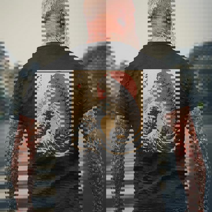 Catzilla 日本の波 ヴィンテージ 夕日 面白い 猫 アート メンズTシャツ バックプリント 高齢者への贈り物