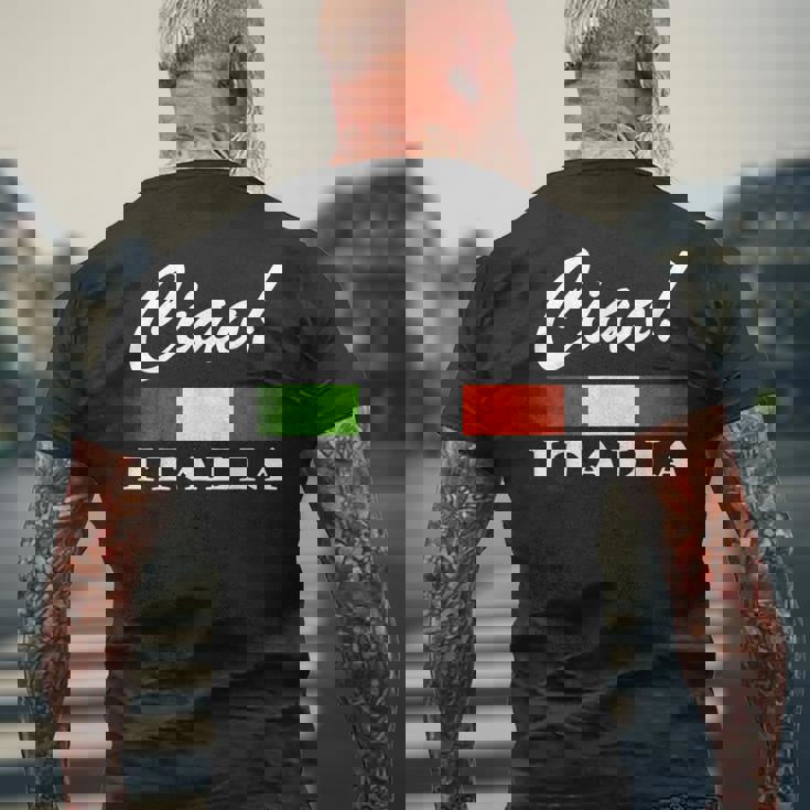 Ciao Italia トリコロールグリーン 白と赤 イタリア国旗 イタリア メンズTシャツ バックプリント 高齢者への贈り物