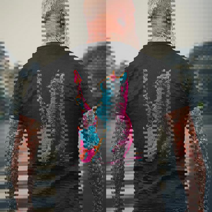 Feline Groove ロックギター 猫デザイン 音楽愛好家向け メンズTシャツ バックプリント 高齢者への贈り物