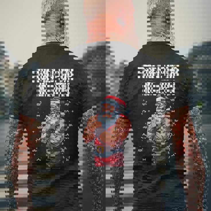 Frohen Pump Ihr Lappen 筋肉質サンタジム メンズTシャツ バックプリント 高齢者への贈り物