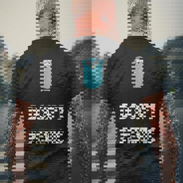 Golang Gopher プログラミング ユーモア Don't Panic Coding Developer メンズTシャツ バックプリント 高齢者への贈り物