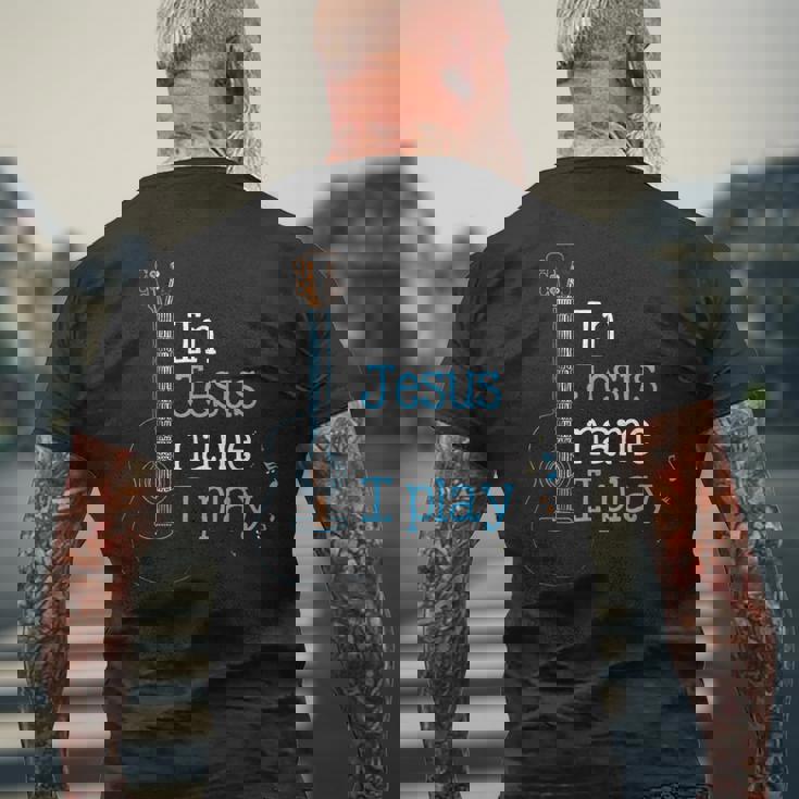 In Jesus ネームi Play ギター クリスチャン ヴィンテージギタープレーヤー メンズTシャツ バックプリント 高齢者への贈り物