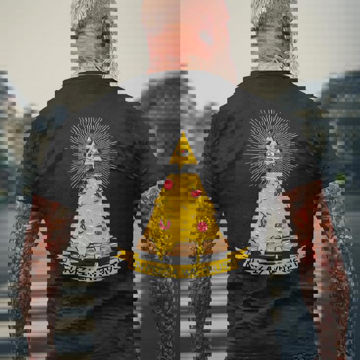 In Pizza We Trust イルミナティピザ メンズTシャツ バックプリント 高齢者への贈り物