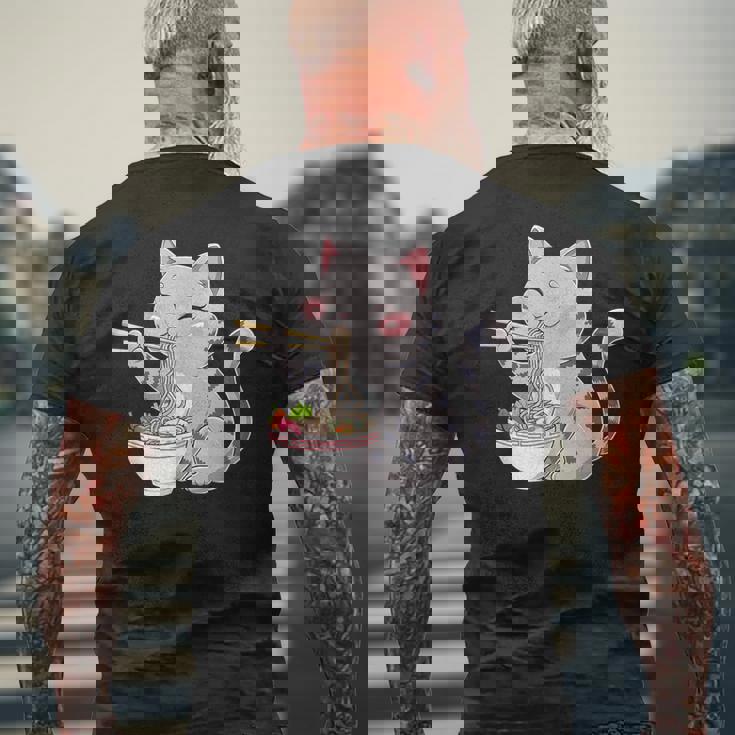 Kawaii Ramen Cat Neko Cute Anime Noodle Lover メンズTシャツ バックプリント 高齢者への贈り物