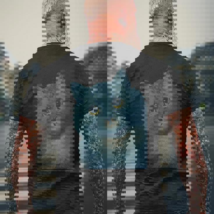 L Wain作 青い猫 メンズTシャツ バックプリント 高齢者への贈り物