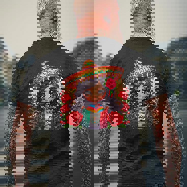 Long Haired Curvy Mexican Chibi Zarape Roses Mexican Pride メンズTシャツ バックプリント 高齢者への贈り物
