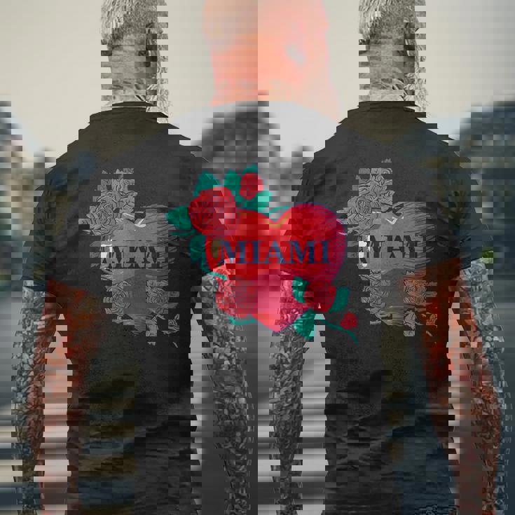 I Love Miami Miami Love Heart & Roses Illustration Graphic メンズTシャツ バックプリント 高齢者への贈り物