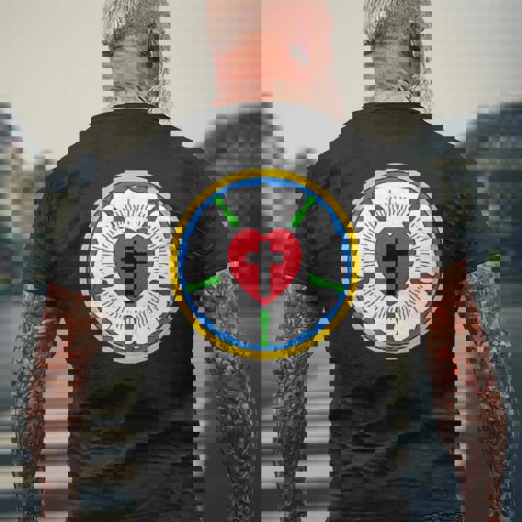 Lutheran Church Luther Roseeal ロゴ エンブレム メンズTシャツ バックプリント 高齢者への贈り物