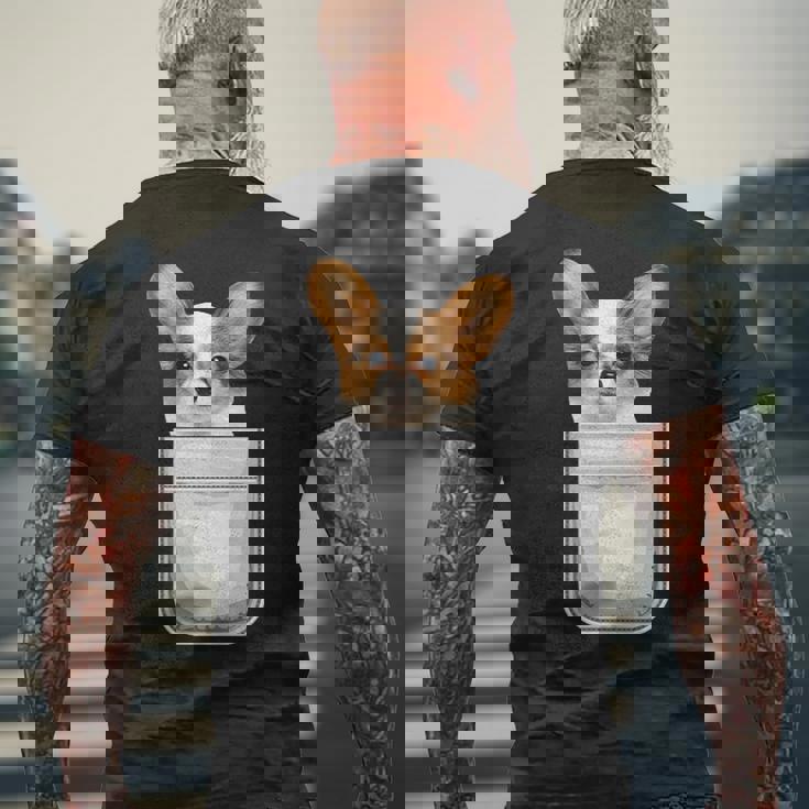 Papillon パピヨン 子犬 ポケットの中の犬 メンズTシャツ バックプリント 高齢者への贈り物