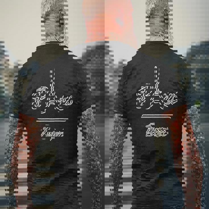 Paris パリ・フランス【エッフェル塔】Bonjour ボンジュール【世界の都市】旅行観光 お土産 かわいい おしゃれ メンズTシャツ バックプリント 高齢者への贈り物