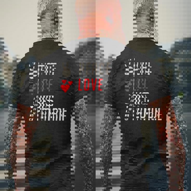 Peace Love Bass トロンボーン楽器 バス トロンボーン奏者 メンズTシャツ バックプリント 高齢者への贈り物