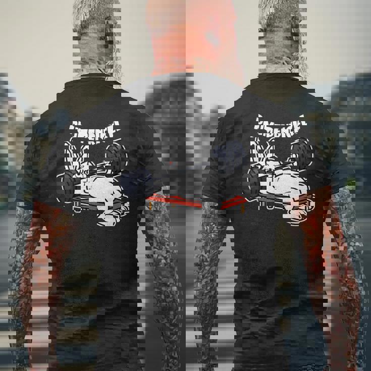 Pumppernickelラビットフィットネスベンチプレスワークアウトファニー メンズTシャツ バックプリント 高齢者への贈り物