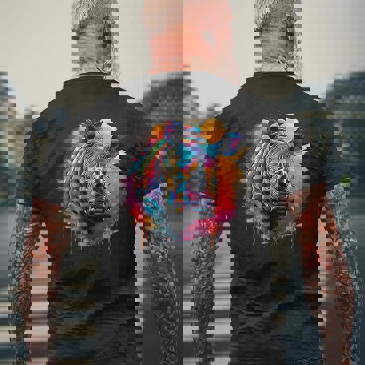 Rhinoceros アートワーク ポートレート 動物 アート カラフル スプラッシュ サイ メンズTシャツ バックプリント 高齢者への贈り物