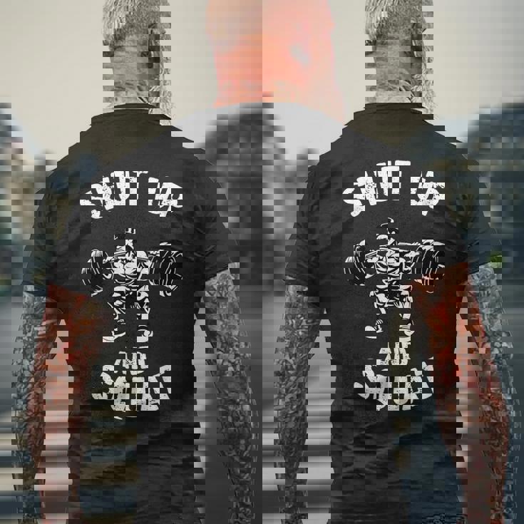 Shut Up Andquat スローガン ボディビルダー ベンチプレス メンズTシャツ バックプリント 高齢者への贈り物