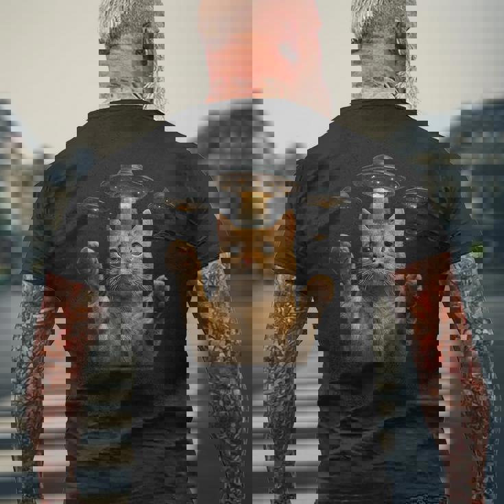 Ufo 誘拐 猫 面白い エイリアン ビーム リアル スタイル メンズTシャツ バックプリント 高齢者への贈り物