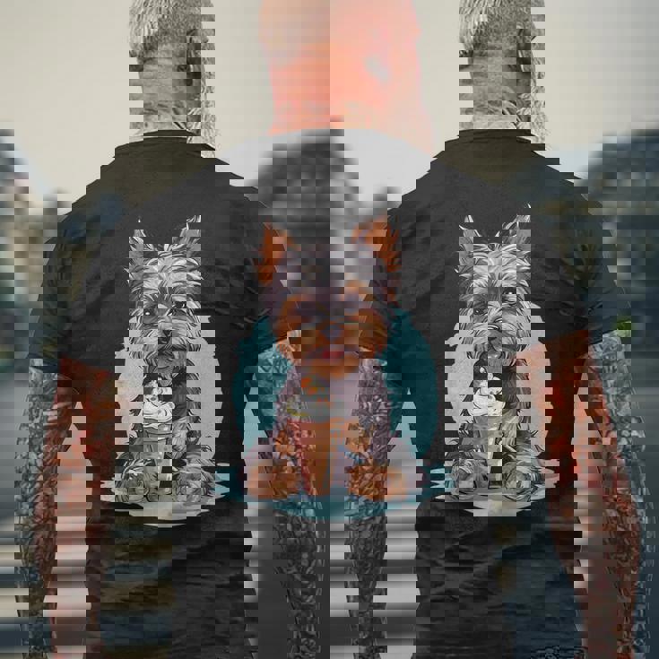 Yorkie Dog アニメ アイスクリームを食べる 夏 かわいい メンズTシャツ バックプリント 高齢者への贈り物