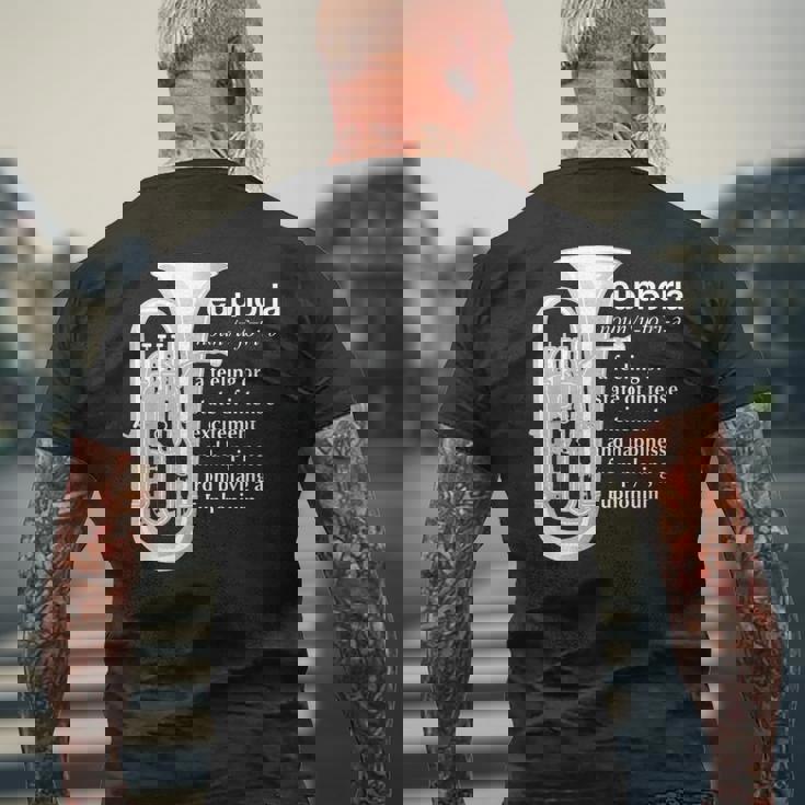 「Euphoria」吹奏楽のためのユーフォニアムユーモア 面白いユーフォニアム メンズTシャツ バックプリント 高齢者への贈り物