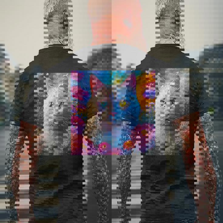 「お花畑のルディ猫」 油絵風ファンタジーアート 綺麗 かわいい オッドアイ リアル メンズTシャツ バックプリント 高齢者への贈り物