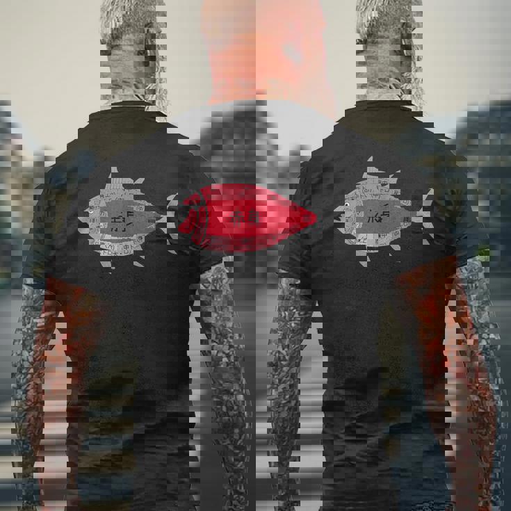 【マグロ部位】肉の部位 鮪 魚 寿司 釣り 水産 漁師 鮨 まぐろ 定食 部位 おもしろ 面白い ネタ ウケ狙い メンズTシャツ バックプリント 高齢者への贈り物