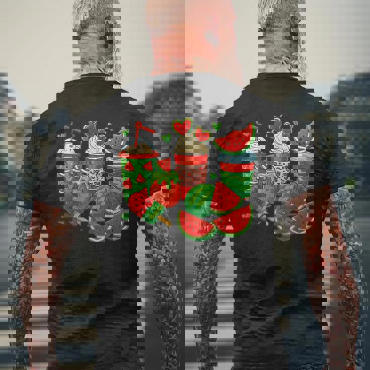 かわいい スイカ好き 夏 フルーツ スイカ アイスコーヒー メンズTシャツ バックプリント 高齢者への贈り物