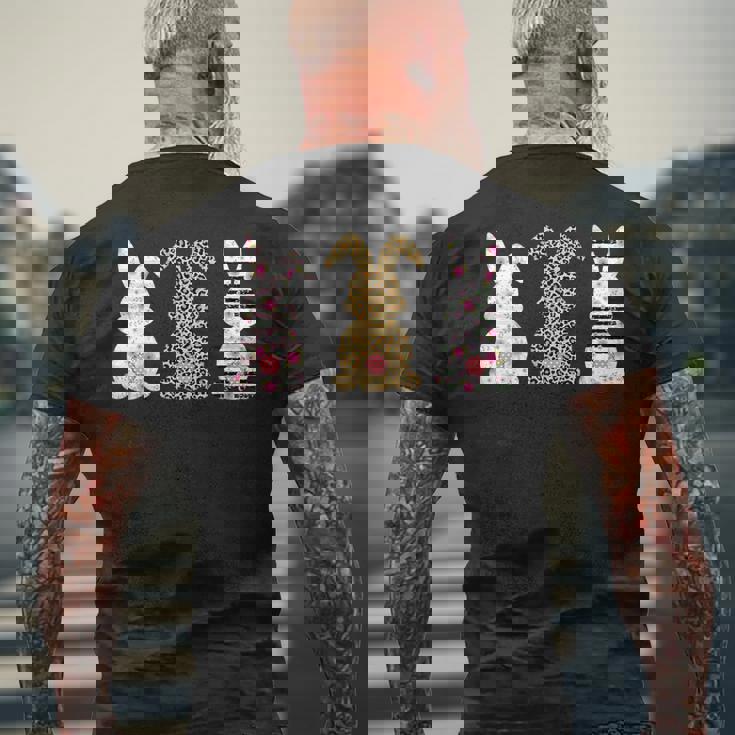 かわいい ヒョウ イースター バニー ウサギ トリオ フローラル ハッピーイースター メンズTシャツ バックプリント 高齢者への贈り物