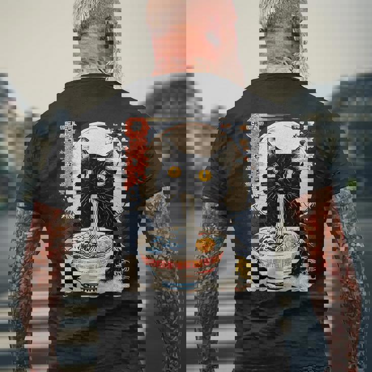 かわいい 猫 食べる ラーメン 麺 面白い アニメ メンズTシャツ バックプリント 高齢者への贈り物