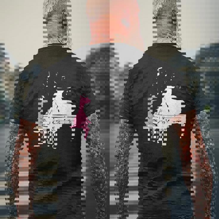 かわいいアルパカ弾き ピアノ音符記号 ミュージシャンアート メンズTシャツ バックプリント 高齢者への贈り物