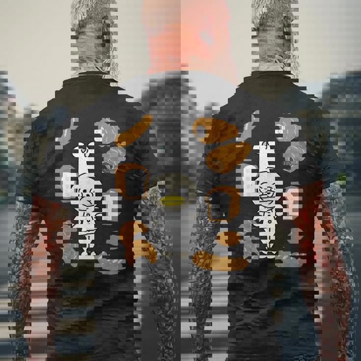 かわいいコックさん パン屋さん編 鳥 フランスパン クロワッサン チョコレートコルネ 食パン 料理 おいしい おもしろ メンズTシャツ バックプリント 高齢者への贈り物