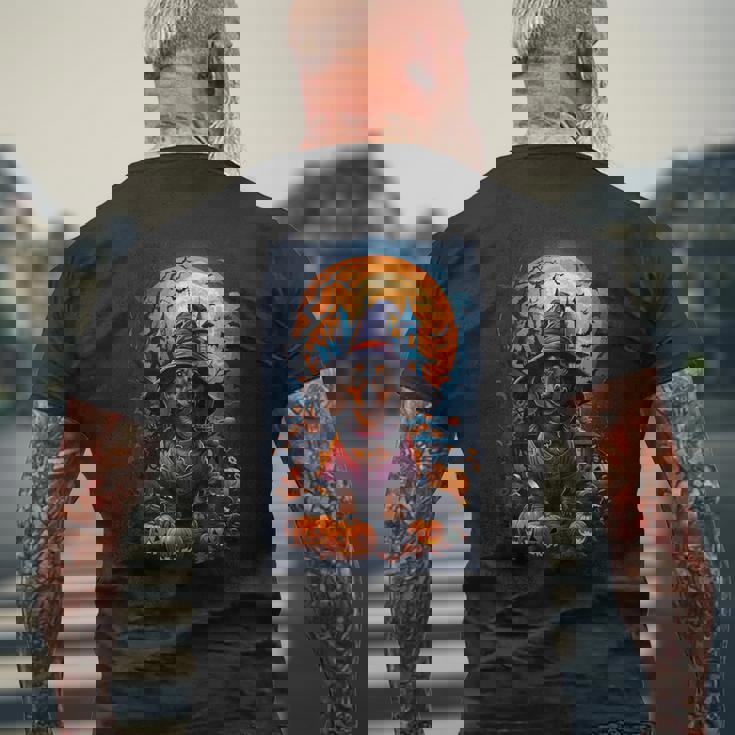 かわいいダックスフントと不気味なお化け屋敷のハロウィンコスチューム メンズTシャツ バックプリント 高齢者への贈り物