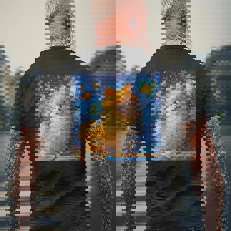 かわいいポメラニアン犬 星月夜 ヴィンセント・ヴァン・ゴッホ絵画 メンズTシャツ バックプリント 高齢者への贈り物