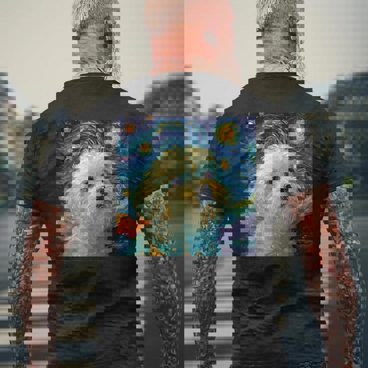 かわいいマルチーズドッグ 星月夜 ヴィンセント・ヴァン・ゴッホ絵画 メンズTシャツ バックプリント 高齢者への贈り物