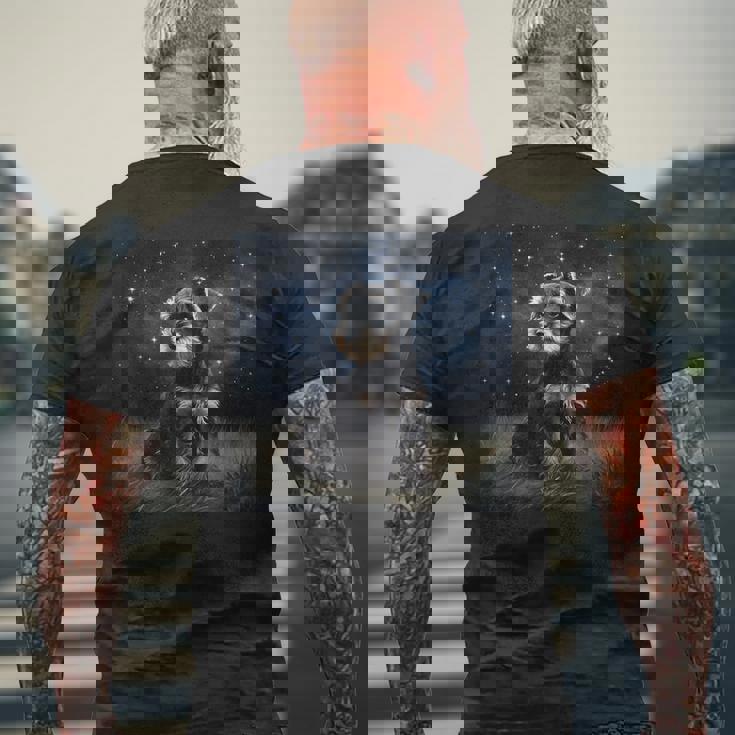 かわいいミニチュアシュナウザーの星空の犬 夜の絵画 メンズTシャツ バックプリント 高齢者への贈り物