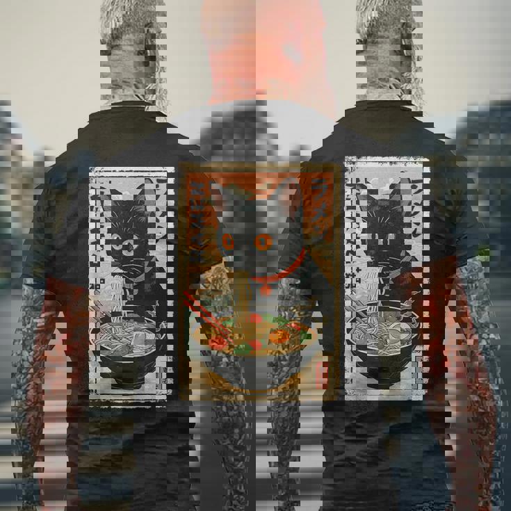 かわいい猫とラーメン麺 日本のアニメ漫画 メンズTシャツ バックプリント 高齢者への贈り物