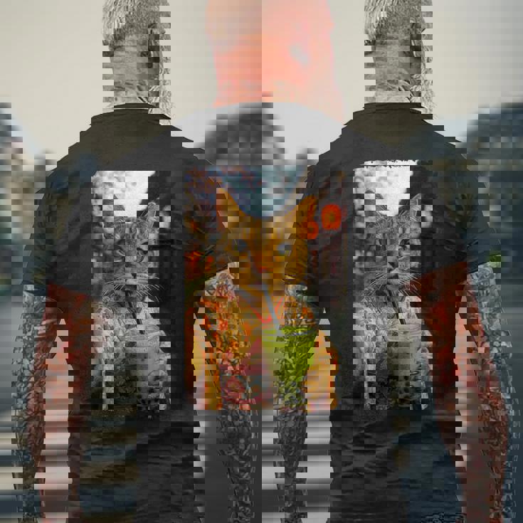 かわいい着物猫 自撮り 抹茶 バブルティー メンズTシャツ バックプリント 高齢者への贈り物