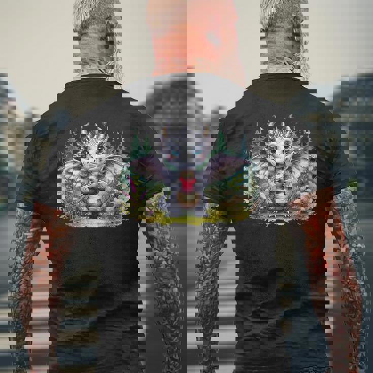 かわいい赤ちゃんドラゴンハート森林ファンタジー水彩ar メンズTシャツ バックプリント 高齢者への贈り物