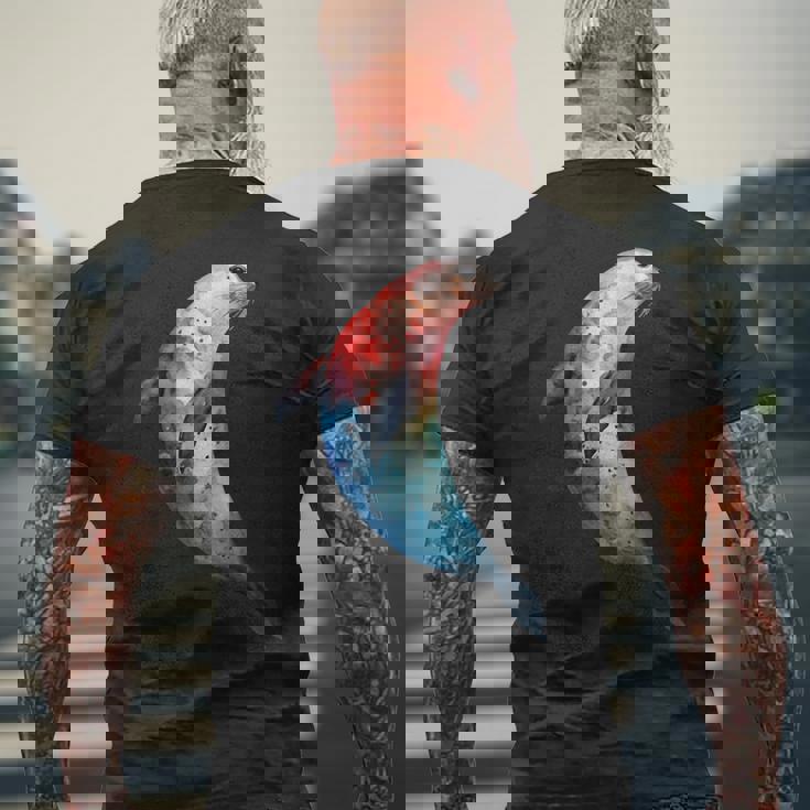 アザラシ アシカ かわいい シール 海 動物 水彩 シール メンズTシャツ バックプリント 高齢者への贈り物